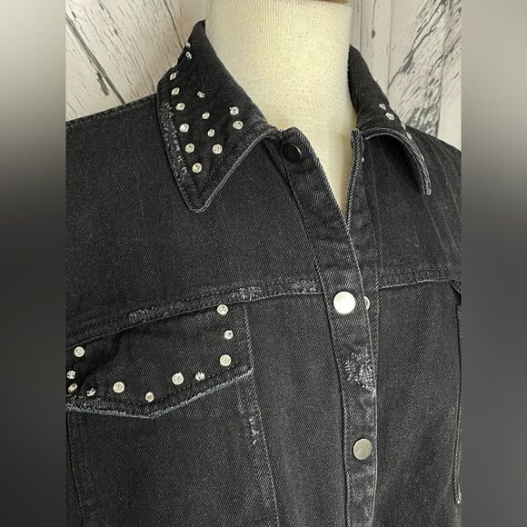 Zara Black Oversized Rhinestone Embellished Frayed Denim Jacket S - Picture 3 of 10